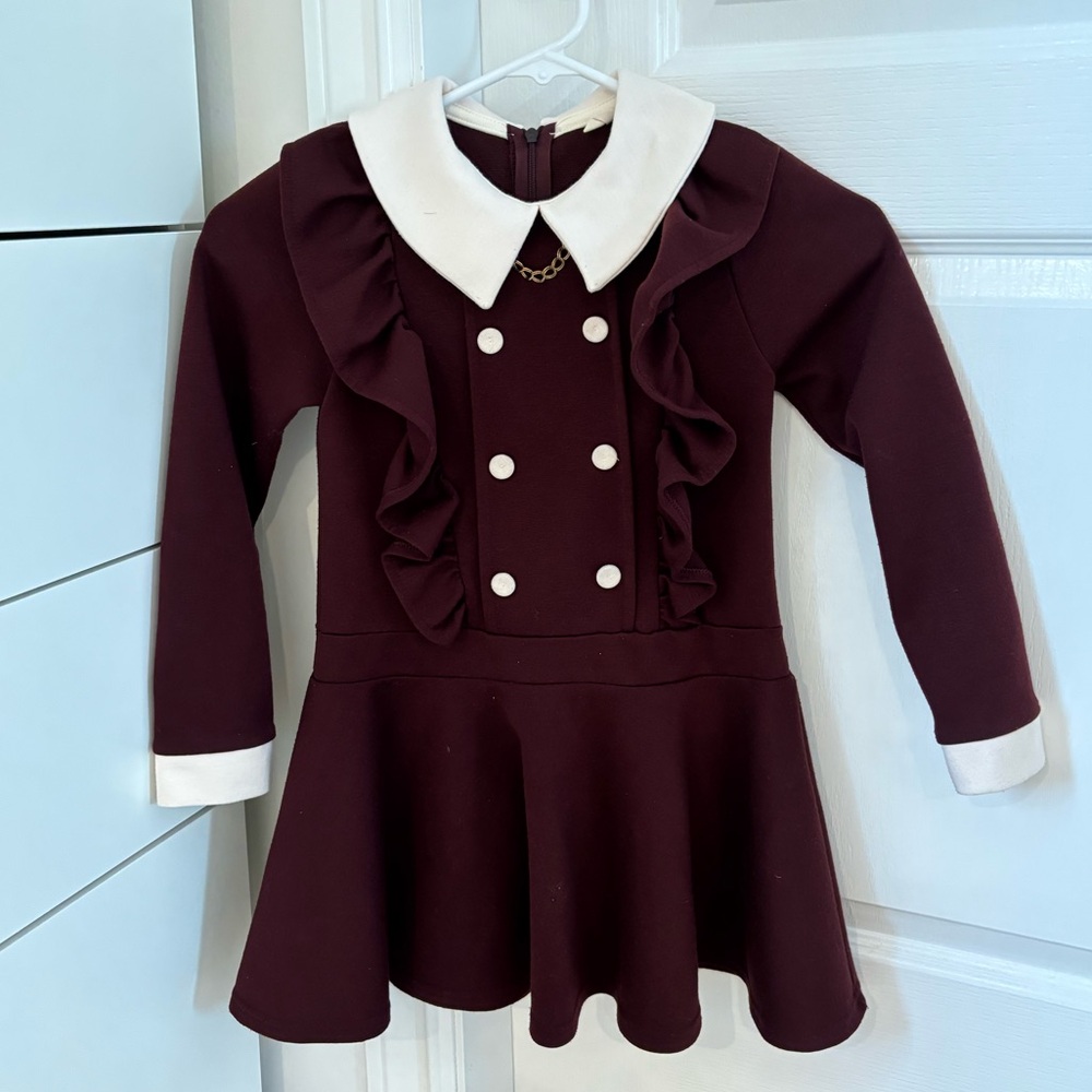 Burgundy Formal Dress with White Collar and Buttons and Chain Necklace